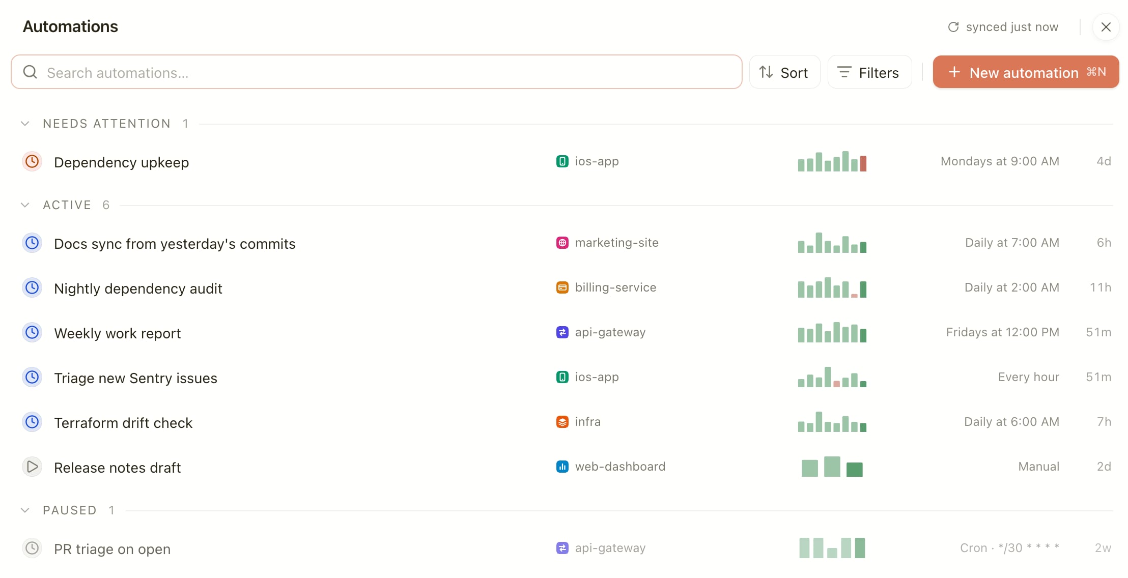 Solus Automations page listing eight automations across api-gateway, billing-service, web-dashboard, ios-app, infra and marketing-site, with recent run history, one needing attention and one paused.