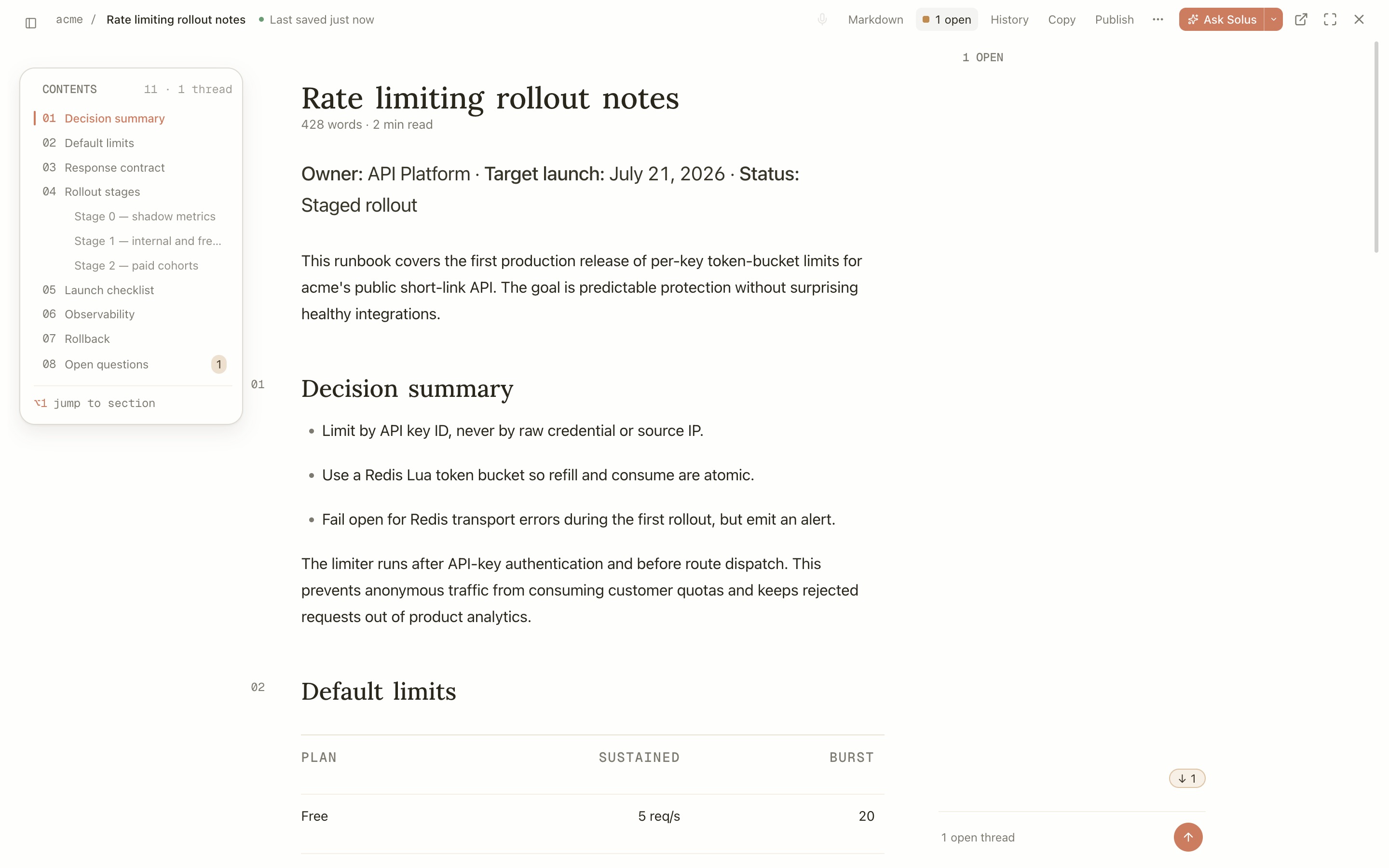 A rollout runbook open in Solus: a numbered table of contents, a decision summary, and an open comment thread, with a Publish action in the header.