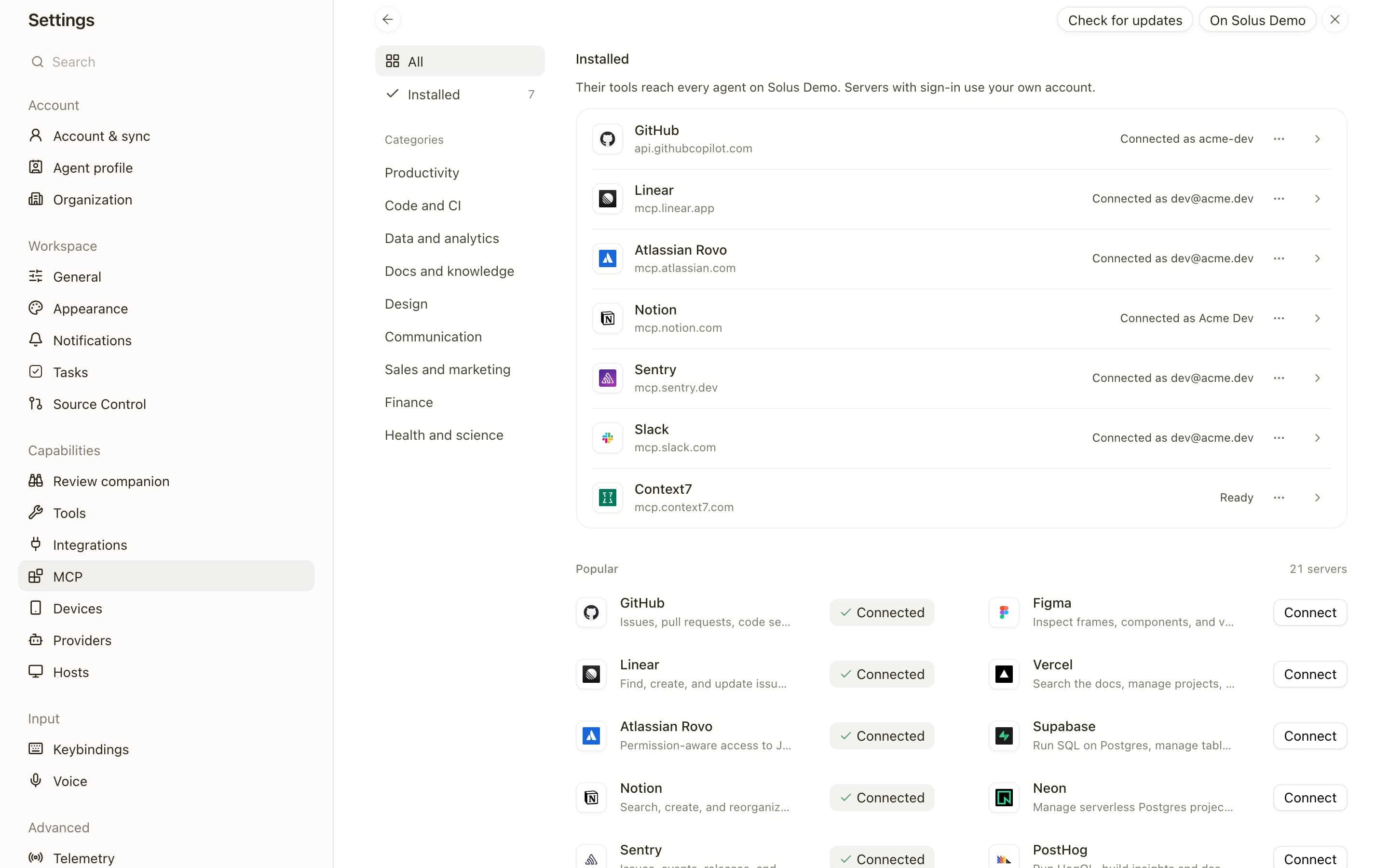 Solus MCP settings listing GitHub, Linear, Atlassian Rovo, Notion, Sentry, Slack and Context7 as installed and connected, above a catalog of more servers such as Figma, Vercel, Supabase and Neon, each with a Connect button.